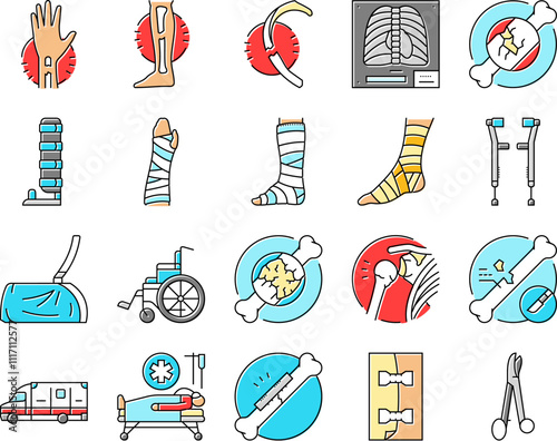 fracture injury bone break icons set vector. trauma healing, cast pain, recovery splint, orthopedic x ray, dislocation fracture injury bone break color line illustrations