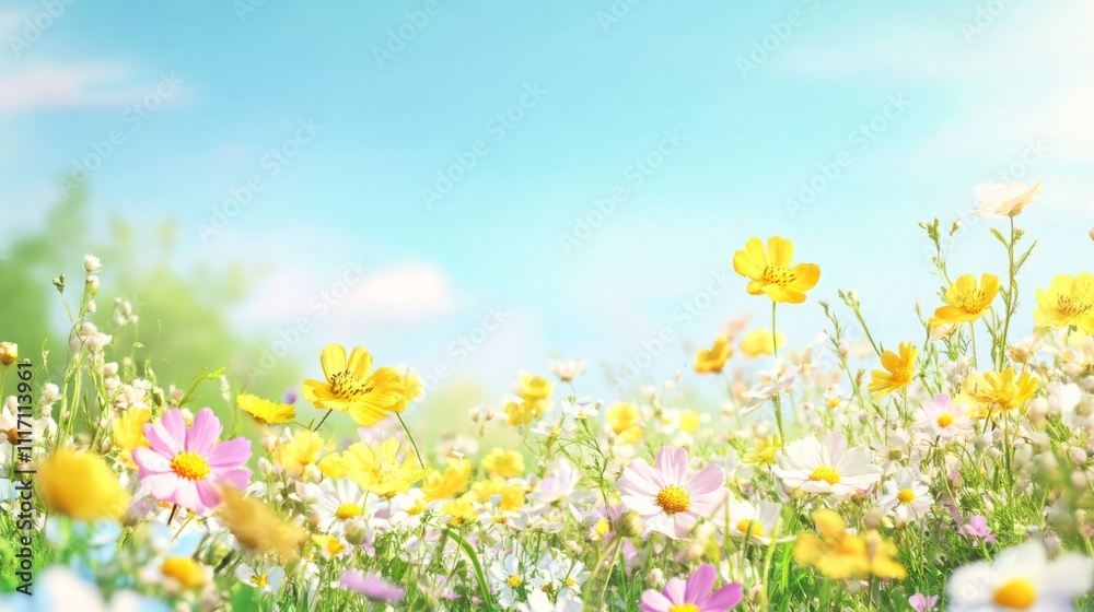 Vibrant wildflowers blooming in a meadow, yellow, white, and pink blossoms, soft focus effect with distant greenery and clear sky, copy space on top Vibrant wildflowers blooming in a meadow, yellow, white, and pink blossoms, soft focus effect with distant greenery and clear sky, copy space on top