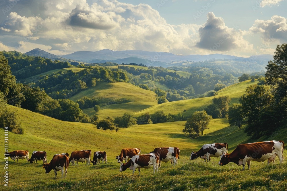 Peaceful pasture scene with cows grazing in rolling hills under a cloudy sky. Lush green hills, grazing animals, idyllic landscape. Peaceful pasture scene with cows grazing in rolling hills under a cloudy sky. Lush green hills, grazing animals, idyllic landscape.