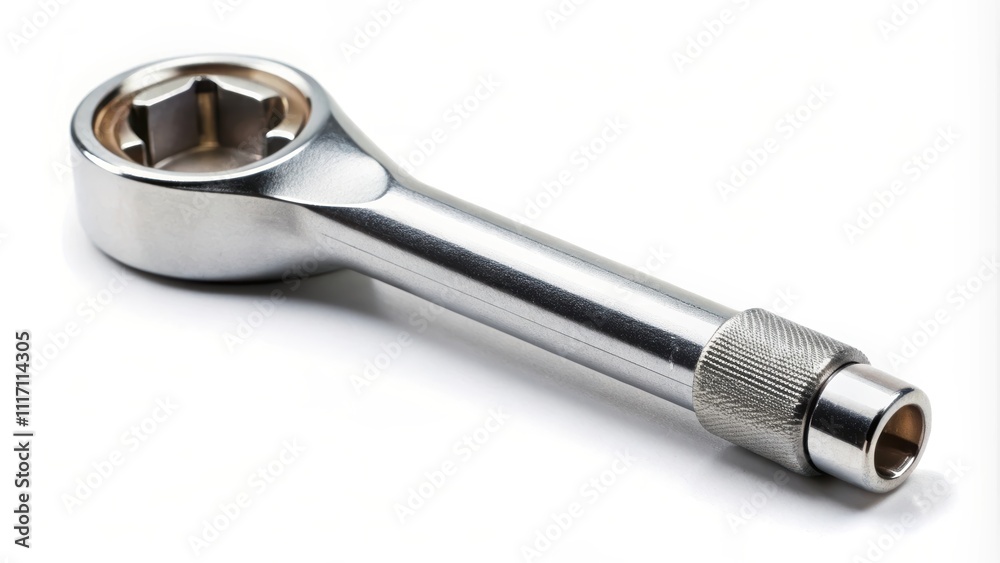 A close-up shot of a socket wrench on a white background, tool, equipment, mechanic, hardware, repair, construction, industrial A close-up shot of a socket wrench on a white background, tool, equipment, mechanic, hardware, repair, construction, industrial