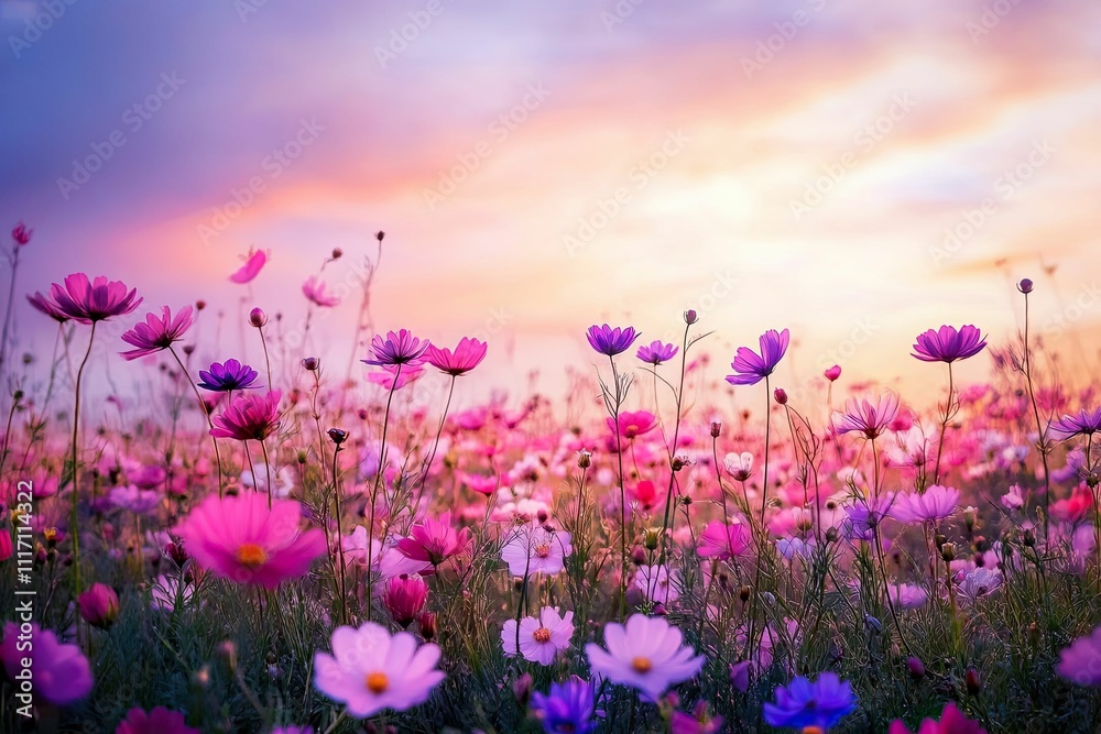 Fototapeta premium Pink and purple flowers sunset field.