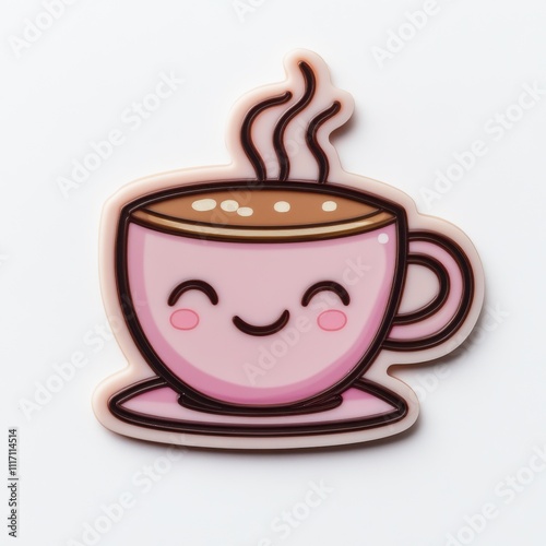 Cute pink coffee cup illustration with happy expression. photo