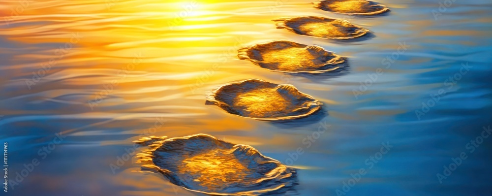Obraz premium A serene depiction of golden footprints in water at sunset, symbolizing a journey.