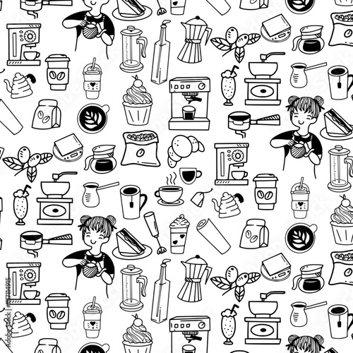 barista kawaii line art seamless pattern background