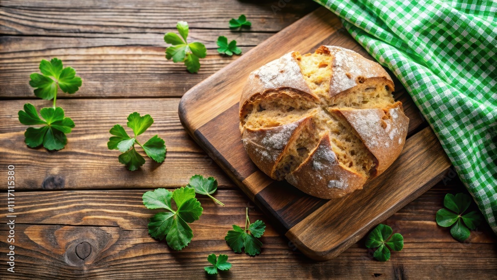 Rustic Irish soda bread with shamrock napkin on wooden board, Irish, soda bread, rustic, homemade, traditional, St. Patrick's Day Rustic Irish soda bread with shamrock napkin on wooden board, Irish, soda bread, rustic, homemade, traditional, St. Patrick's Day