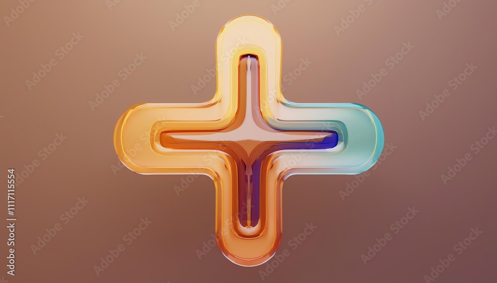 Obraz premium A colorful, abstract plus sign symbol with a smooth, modern design on a soft gradient background.