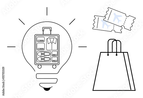 Lightbulb surrounding packed suitcase, beside airplane tickets and shopping bag. Ideal for travel planning, vacations, organization, packing tips, ticket booking, shopping travel ideas. Line