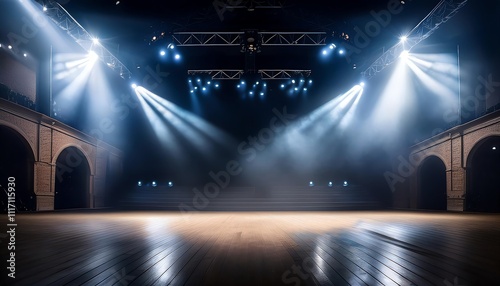 A dimly lit stage with dramatic lighting  featuring a polished wooden floor and architectural arches in the background  setting the mood for a performance.