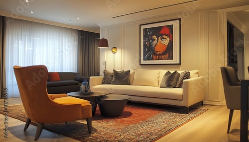 Modern Living Room Interior Design Luxury Sofa Armchair Artwork Rug