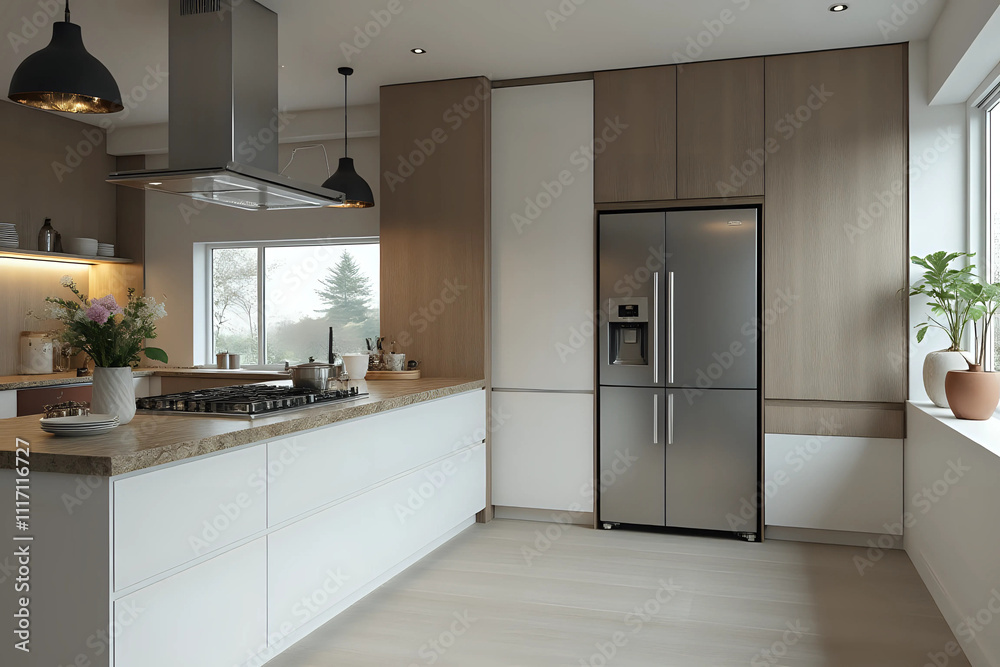 Interior of modern kitchen with counters and stylish fridge. Front view. Interior of modern kitchen with counters and stylish fridge. Front view.