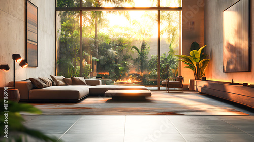 Contemporary indoor space with furniture and decoration. 3D visualization background