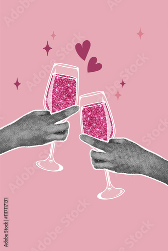 Trendy halftone collage. Hand holding flutes, congratulating each other. Collage style postcard for valentines day, march 8. Trendy retro collage from the 80s. 