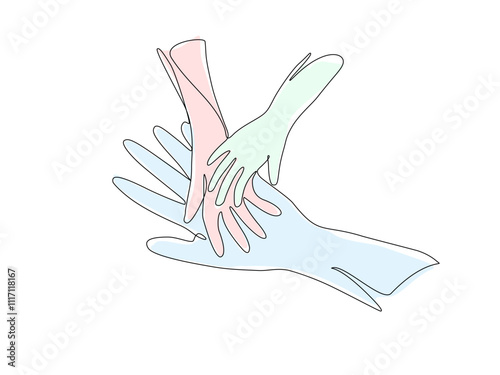 Continuous one line hand drawn of Father, Mother and child's hands holding each other isolated on white background, Colour in, Family love, trust, help and support concept, Vector Editable stroke