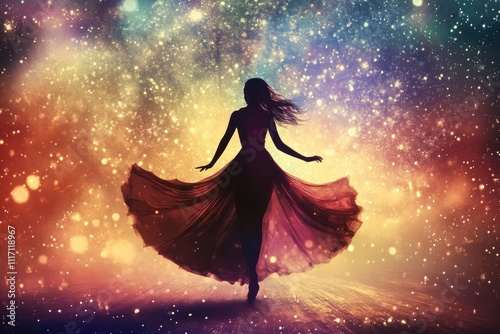 Silhouette of a woman in a flowing dress, dancing amidst a starry cosmic background. photo