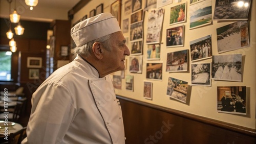 The retired chef gazes fondly at a wall filled with photographs of his culinary journey snapshots capturing him in various stages of his career. His fingers lightly trace the photo