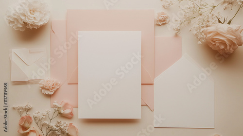 Minimalist wedding stationery set in soft peach tones photo