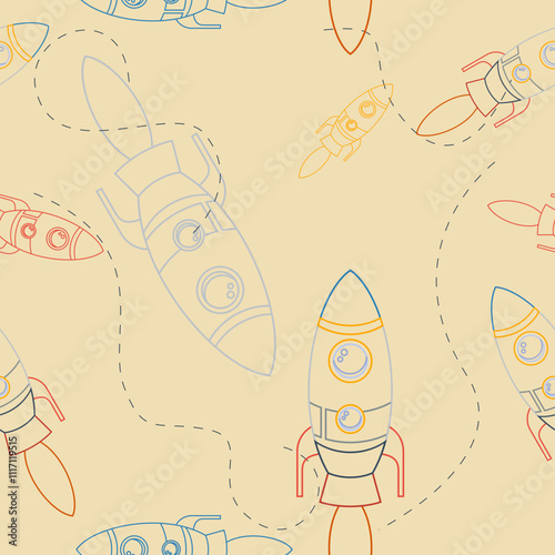 Editable Outline Style Rocket on Space Vector Illustration in Various Colors with Dashed Lines as Seamless Pattern for Creating Background of Astronomy or Kids Art Related Design