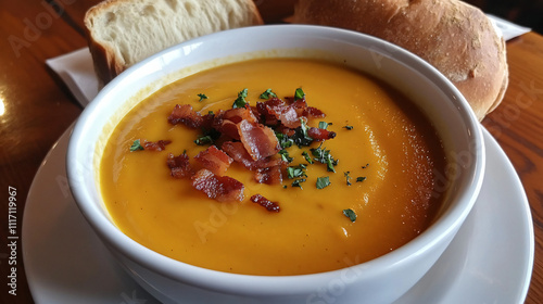 A creamy pumpkin soup with a garnish of crispy bacon bits and a side of buttered roll.