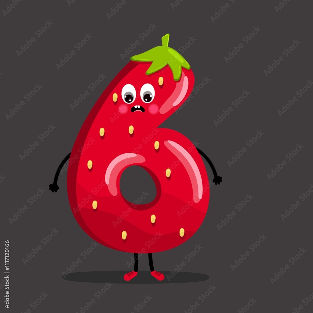 Obraz premium Cute cartoon character strawberry fonts number 6 , Cute strawberry cartoon number six.