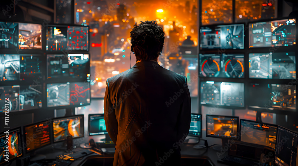 Futuristic Operator Observing Multiple Screens in High-Tech Control Room Futuristic Operator Observing Multiple Screens in High-Tech Control Room