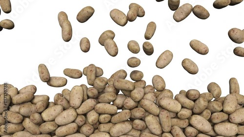 Full frame of falling raw potatoes on white background. 3d rendering animation. Luma Matte included.