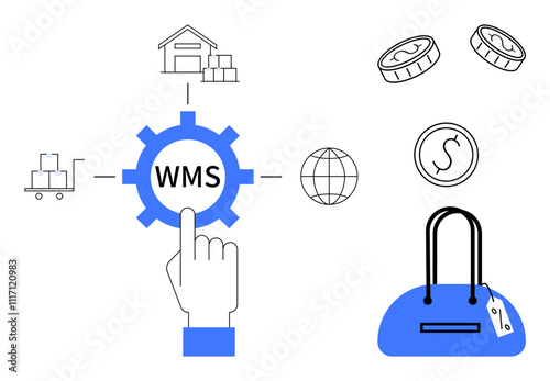 Hand pointing to WMS gear surrounded by warehouse, cart with boxes, globe, currency symbols, and shopping bag. Ideal for logistics, e-commerce, retail, shipping inventory supply chain and finance