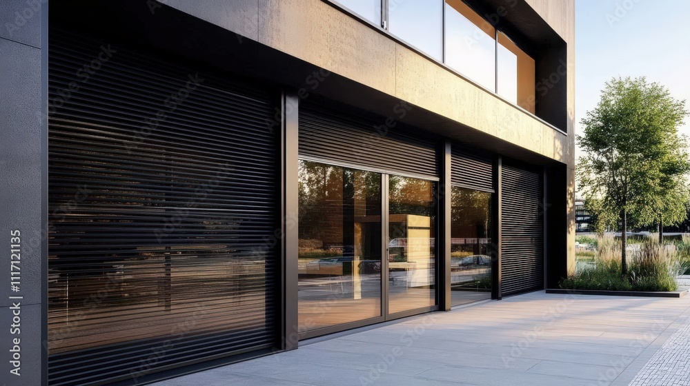 Exterior perspective highlighting the modern design of a structure with large windows and roller shutters. Exterior perspective highlighting the modern design of a structure with large windows and roller shutters.