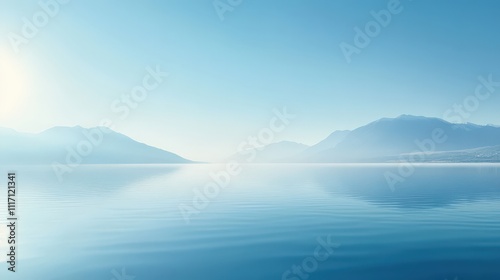 Clear blue sky over a serene lake with perfectly still water