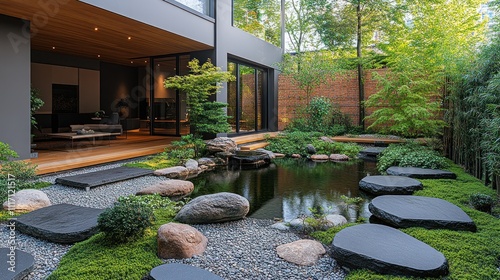 Wallpaper Mural Modern home's serene backyard zen garden with pond, stepping stones, and lush greenery. Torontodigital.ca