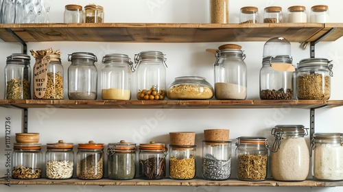 A high-quality image of zero-waste kitchen storage solutions with a clean white background.--ar 16:9 photo