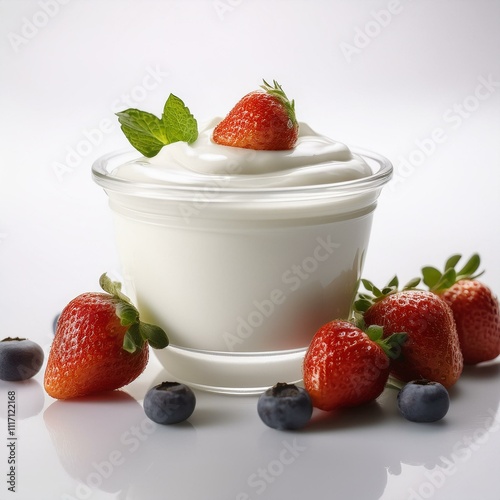 Fresh and creamy yogurt displayed on a white background, perfect for health-focused campaigns or dairy product advertisements photo