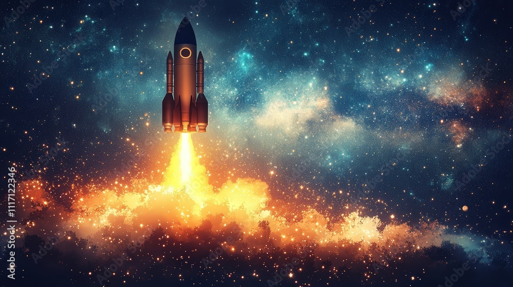 A Futuristic Rocket Launches Into Space with Bright Flames and a Starry Background, Symbolizing Exploration and Adventure Beyond Earth’s Atmosphere A Futuristic Rocket Launches Into Space with Bright Flames and a Starry Background, Symbolizing Exploration and Adventure Beyond Earth’s Atmosphere
