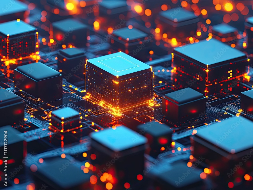 Glowing blocks on illuminated circuit board. Glowing blocks on illuminated circuit board.