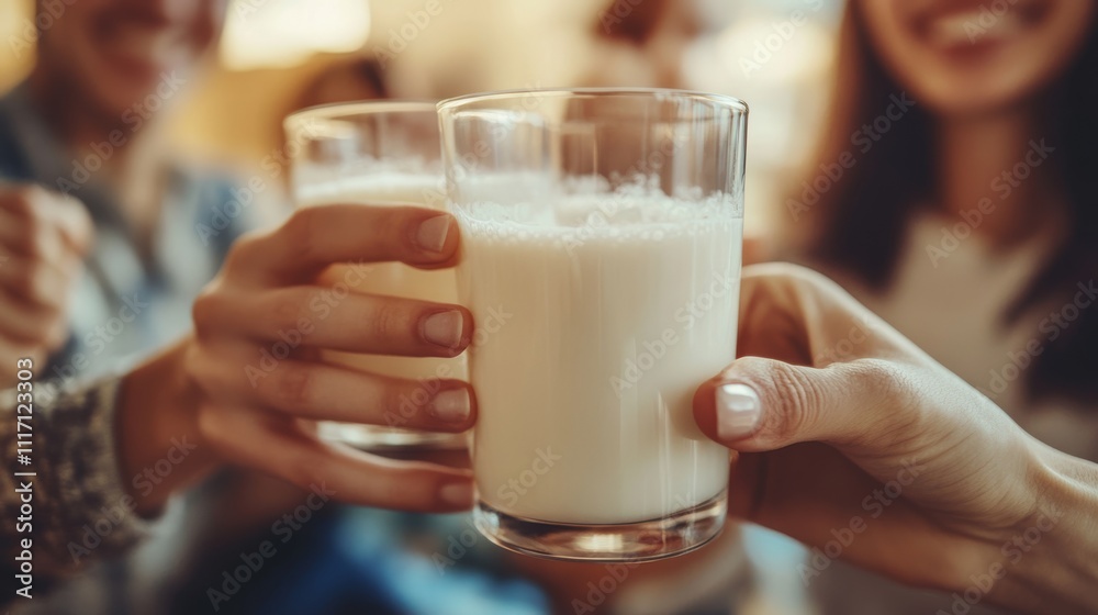 Friends clinking glasses of milk, celebrating together in a warm, inviting atmosphere. Friends clinking glasses of milk, celebrating together in a warm, inviting atmosphere.