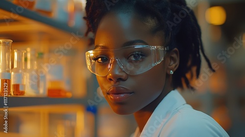 Portrait of a confident female scientist in a laboratory setting, wearing protective eyewear and a lab coat while conducting research with various glassware in the background