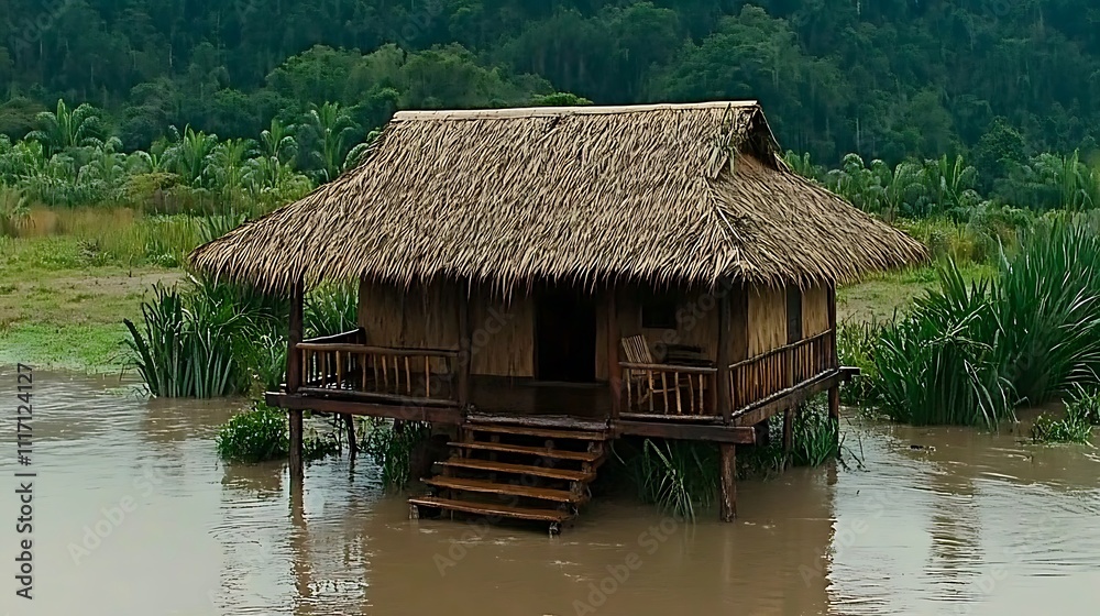 A Thatched Roof Hut on Stilts Over Water in a Lush Green Forest A Thatched Roof Hut on Stilts Over Water in a Lush Green Forest