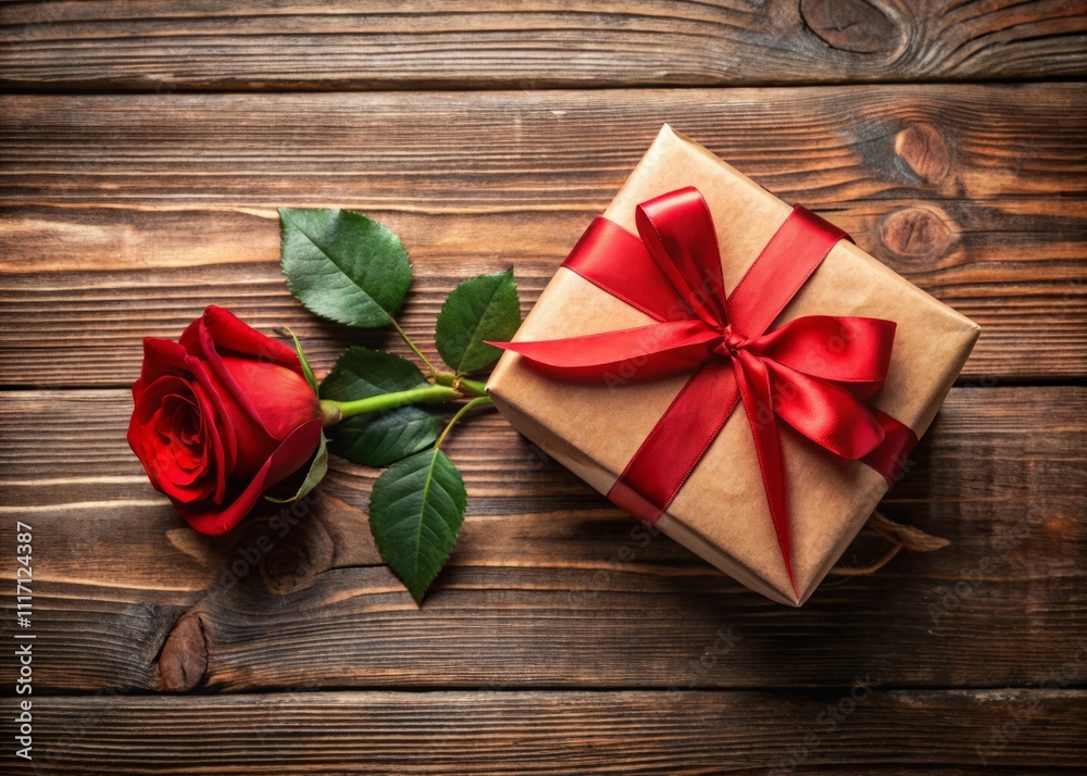 Kraft Gift Box with Elegant Red Ribbon and Rose on a Rustic Wooden Table, Perfect for Valentine's Day, Mother's Day, and Birthdays, Copyspace for Personalized Greeting Messages Kraft Gift Box with Elegant Red Ribbon and Rose on a Rustic Wooden Table, Perfect for Valentine's Day, Mother's Day, and Birthdays, Copyspace for Personalized Greeting Messages