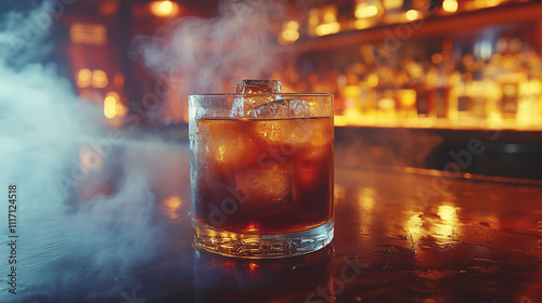 Classic whiskey glass with ice on a bar counter in a smoky and atmospheric setting