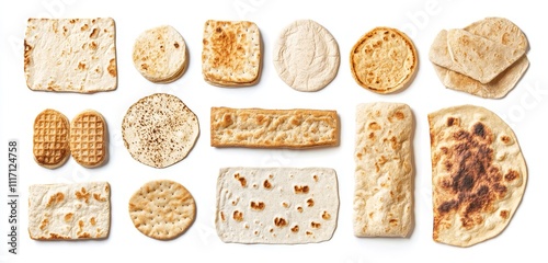 Assortment of different flatbreads isolated on white background.