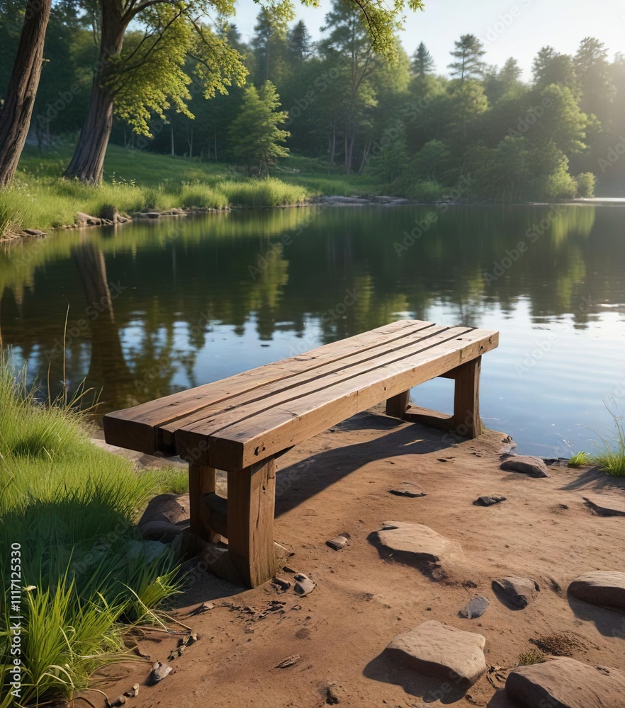 A reclaimed wooden bench with a rough-hewn slatted back and seat sits weathered on the grassy banks of a serene lake, dark wood bench, earthy tones A reclaimed wooden bench with a rough-hewn slatted back and seat sits weathered on the grassy banks of a serene lake, dark wood bench, earthy tones