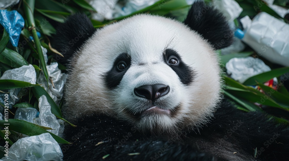 Obraz premium Animal pollution microplastics. Panda resting among greenery and ice in a serene environment.