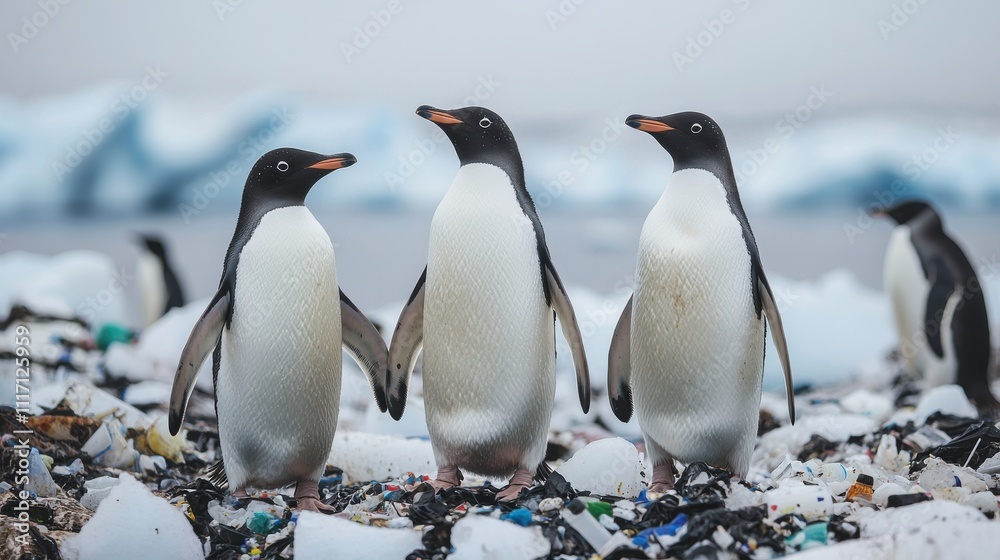 Obraz premium Animal pollution microplastics. Three penguins standing on a beach littered with plastic waste.