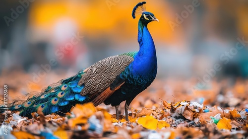 Animal pollution microplastics. Vibrant peacock standing on colorful autumn leaves.