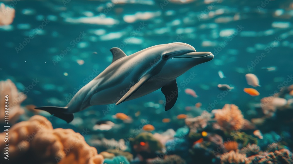 Obraz premium Animal pollution microplastics. Dolphin swimming among vibrant coral reef underwater.