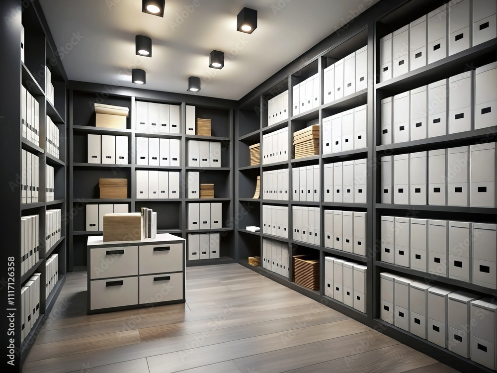 Minimalist Storage Archive Room with Black Shelves and White Office Boxes, Featuring Card File Cabinet for Organized Evidence Management Minimalist Storage Archive Room with Black Shelves and White Office Boxes, Featuring Card File Cabinet for Organized Evidence Management