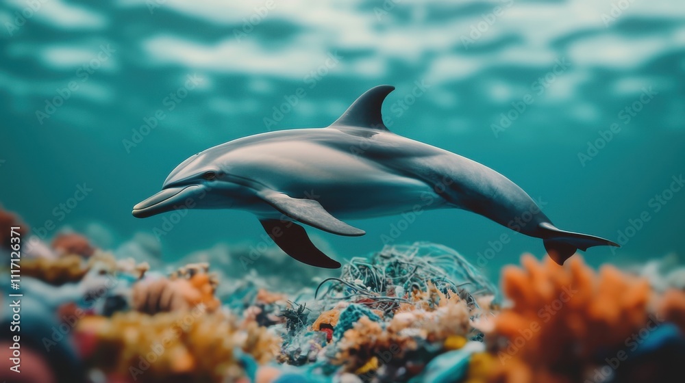 Obraz premium Animal pollution microplastics. Dolphin swimming among colorful coral reefs underwater.