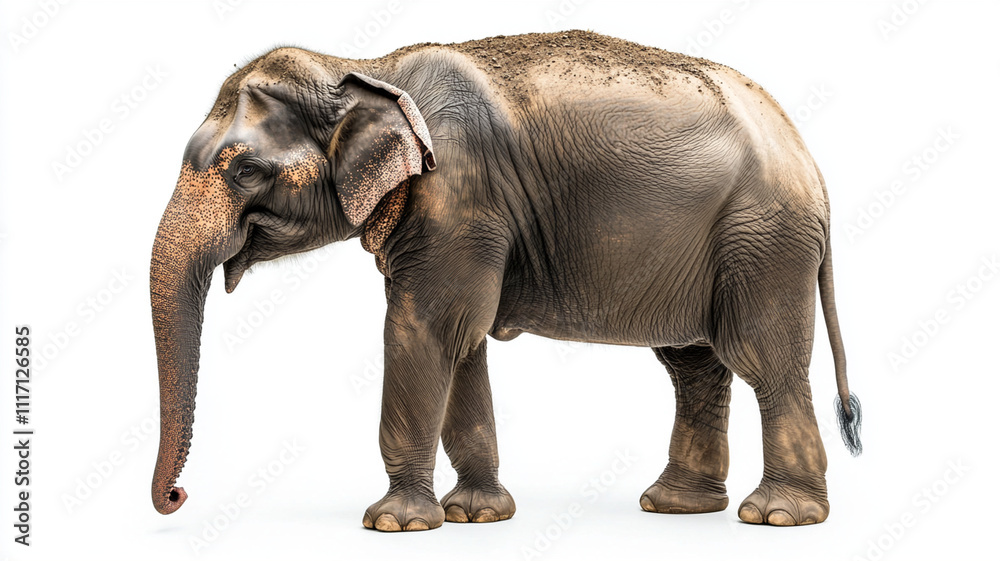 Fototapeta premium elephant standing isolated on white background, showcasing its majestic form and features