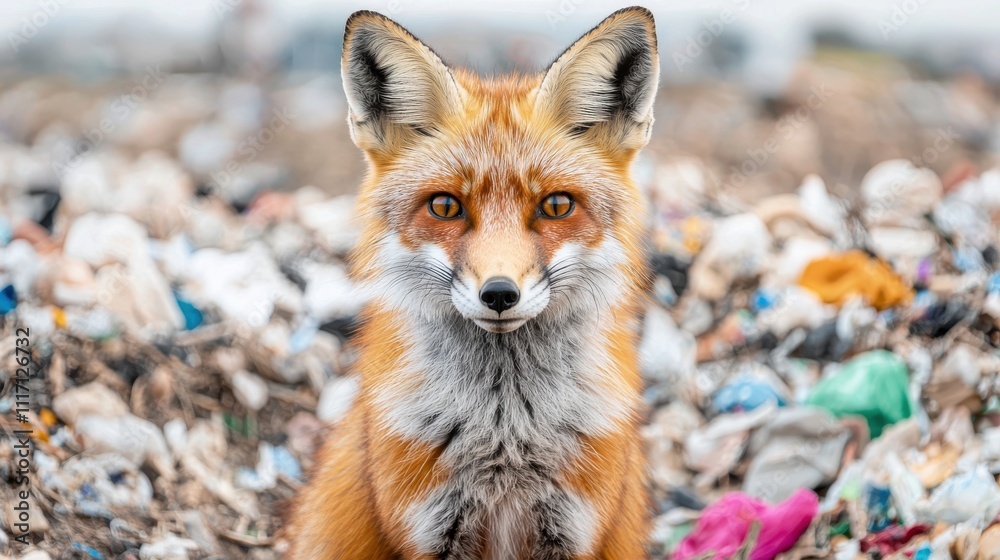 Fototapeta premium Animal pollution microplastics. Fox in a refuse site surrounded by trash and debris.