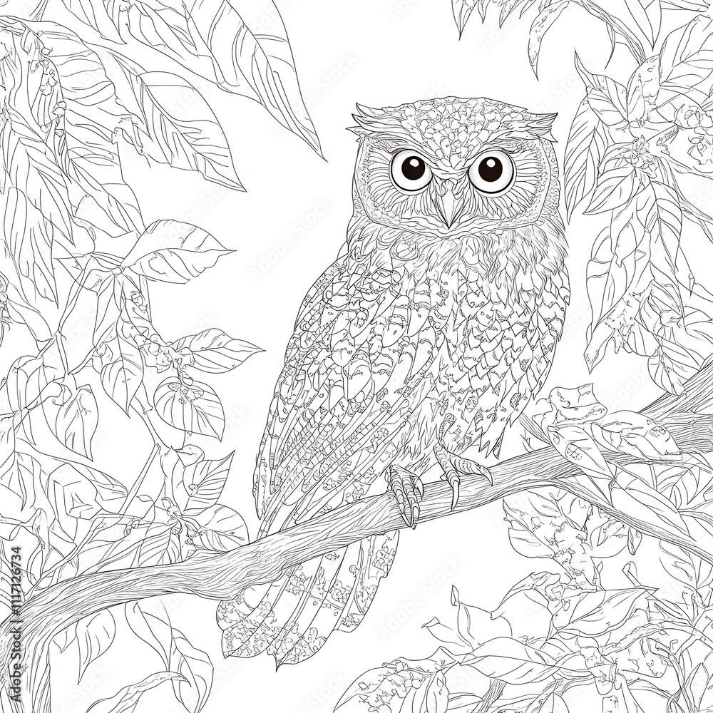 Fototapeta premium Detailed line art drawing of an owl perched on a branch amidst foliage.