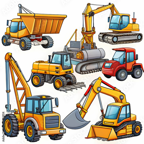 A cartoon-style depiction of construction machinery in action, featuring vibrant